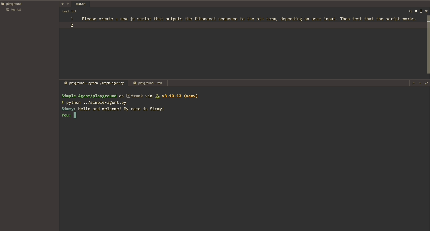 Simple Agent terminal demonstration showing an agent responding to a programming task